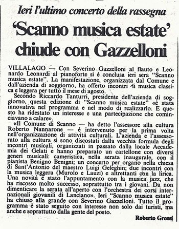 Ieri l'ultimo concerto della rassegna<br />
“Scanno musica estate” chiude con Gazzelloni<br />
(26/08/1986)