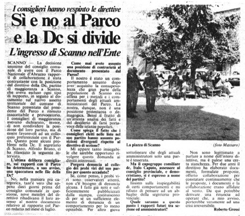 I consiglieri hanno respinto le direttive<br>
Sì e no al Parco e la Dc si divide<br>
L'ingresso di Scanno nell'Ente<br>
(06/11/1986)