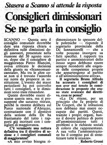 Stasera a Scanno si attende la risposta<br>
Consiglieri dimissionari<br>
Se ne parla in consiglio<br>
(22/11/1986)