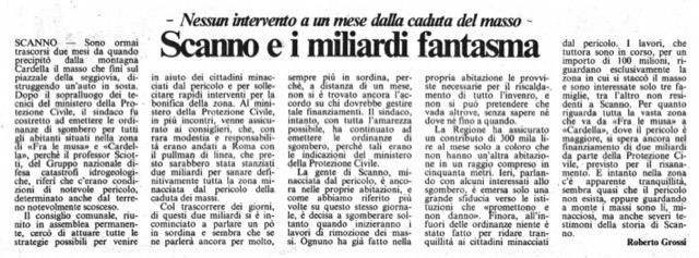 Nessun intervento a un mese dalla caduta del masso<br>
Scanno e i miliardi fantasma<br>
(23/11/1986)