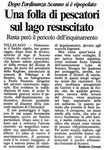 Dopo l’ordinanza Scanno si è ripopolata<br>
Una folla di pescatori sul lago resuscitato<br>
Resta però il pericolo dell'inquinamento<br>
(21/12/1986)