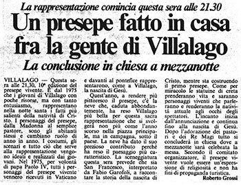 La rappresentazione comincia questa sera alle 21.30<br>
Un presepe fatto in casa fra la gente di Villalago<br>
La conclusione in chiesa a mezzanotte<br>
(24/12/1986)