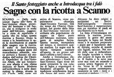 Il Santo festeggiato anche a Introdacqua tra i falò<br>
Sagne con la ricotta a Scanno<br>
(17/01/1987)