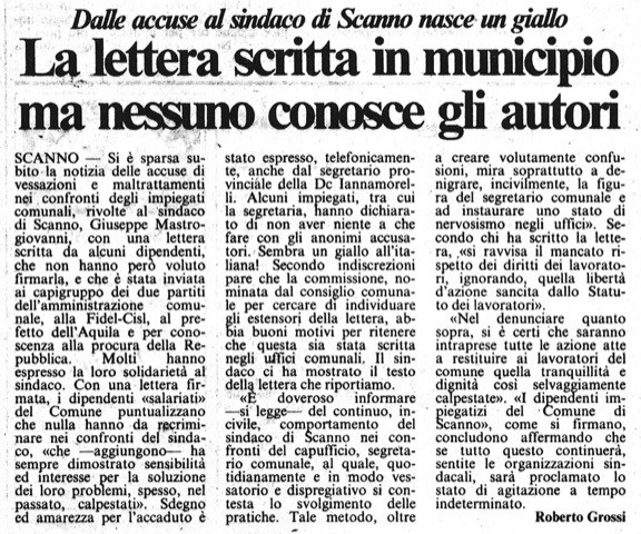 Dalle accuse al sindaco di Scanno nasce un giallo<br />
La lettera scritta in municipio ma nessuno conosce gli autori<br />
(22/01/1987)