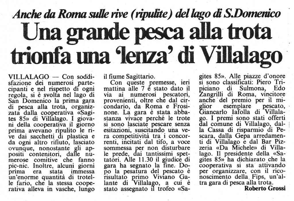 Anche da Roma sulle rive (ripulite) del lago di S. Domenico<br>
Una grande pesca alla trota<br>
trionfa una 'lenza' di Villalago<br>
(26/04/1987)